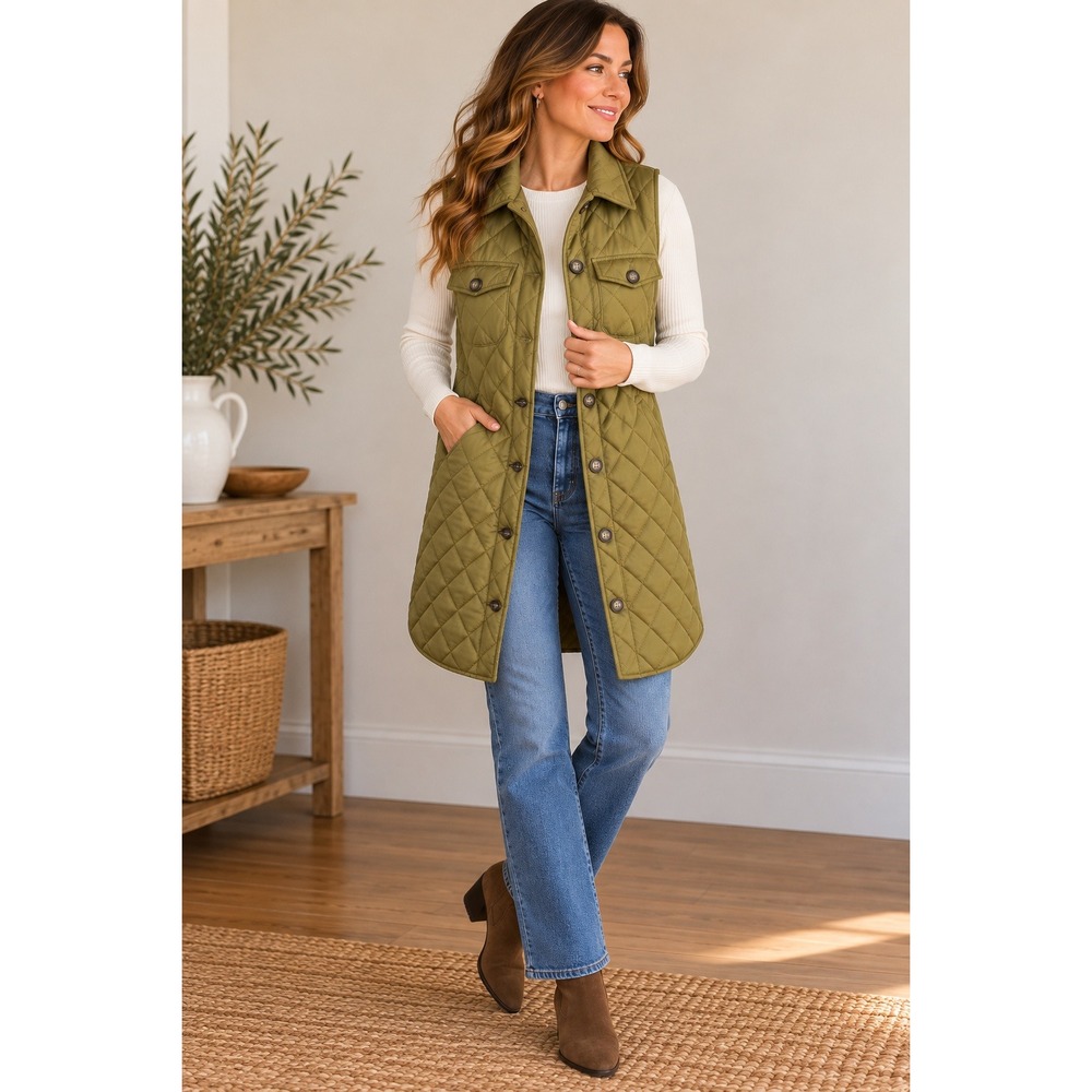 Marc New York Andrew Marc Olive Green Quilted Longline Vest Medium